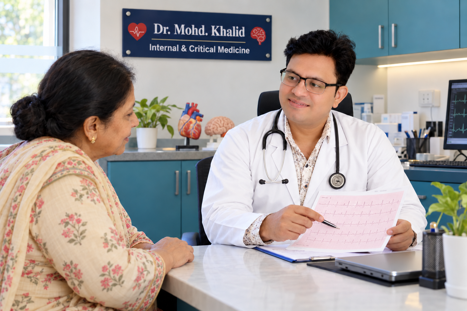 ECG & report review — AI-generated consultation illustration